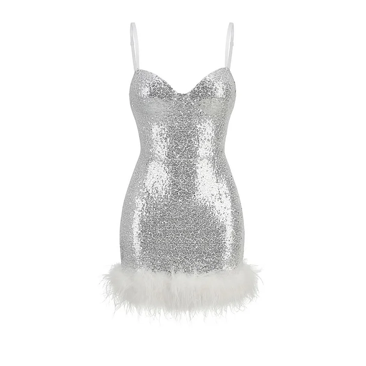 Flaxmaker Sexy Backless White Stitching Feathers Shiny Mini Party Dress