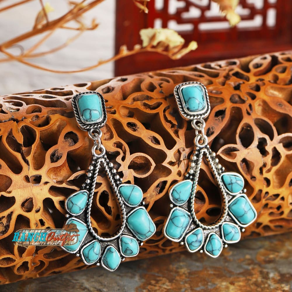 Vintage Earrings Boho Turquoise Ethnic Jewelry Western Cowgirl Engraving Earring