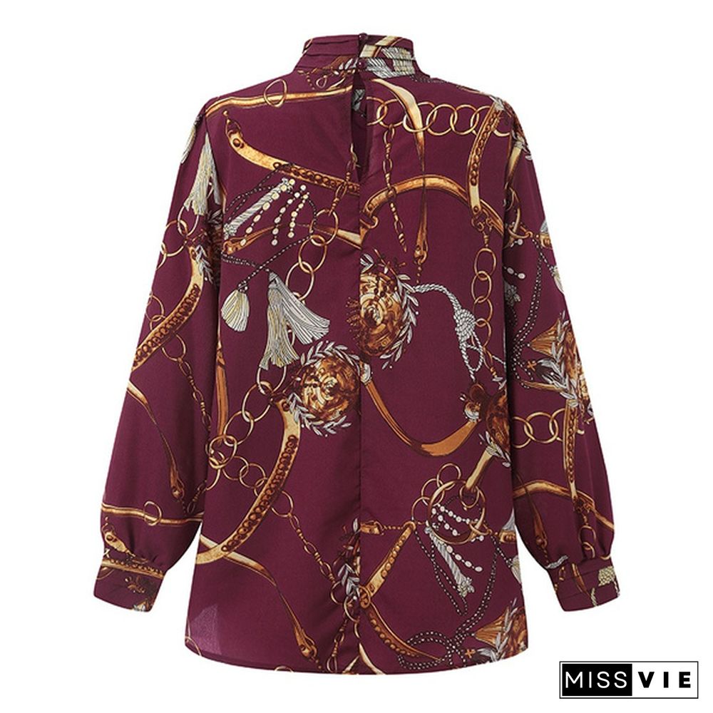 Women Long Sleeve High Collar Blouse Chain Printed Office Casual Elegant Shirt Ladies Tops Plus Size