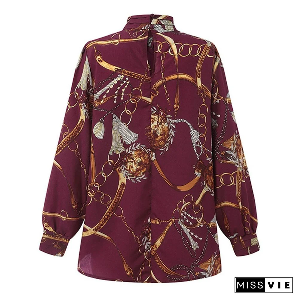 Women Long Sleeve High Collar Blouse Chain Printed Office Casual Elegant Shirt Ladies Tops Plus Size