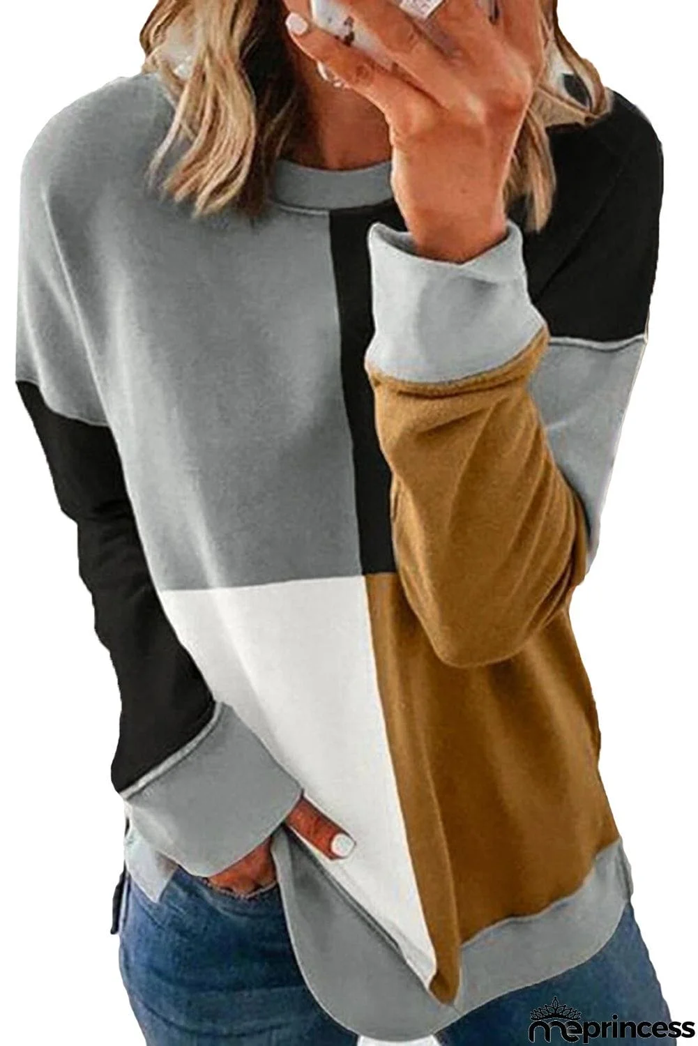 Color Block Round Neck Long Sleeves Pullover Sweatshirt