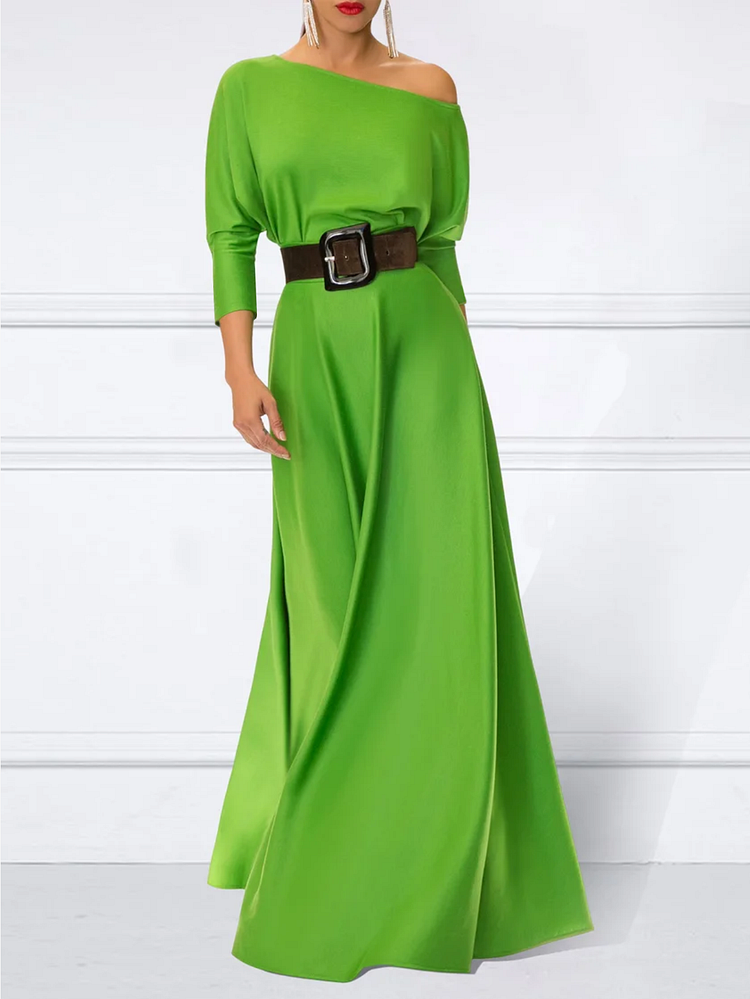 Loose Three-Quarter Sleeves Solid Color Off-The-Shoulder Maxi Dresses