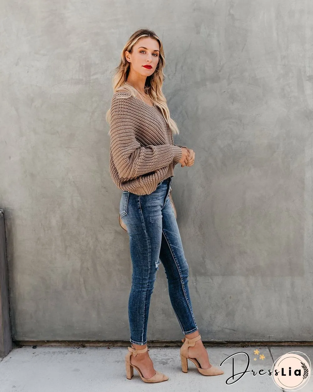 Indianred Loose Long Sleeve Knit V-Neck Sweater