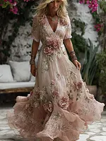 Women's Retro Bohemian Pink Rose Embroidered Art Short Sleeve Midi Dress