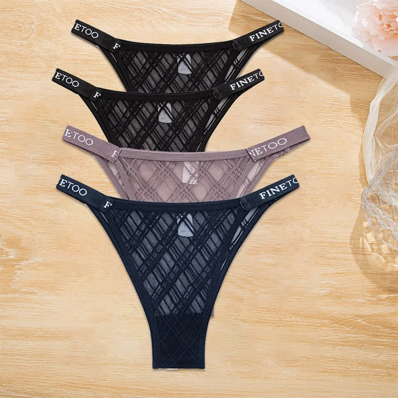 FINETOO 4PCS/Set Women's Lace Lingerie Panties Mesh Gstring Female Underpant Sexy Letter Panties Thong Girls Underwear Intimates
