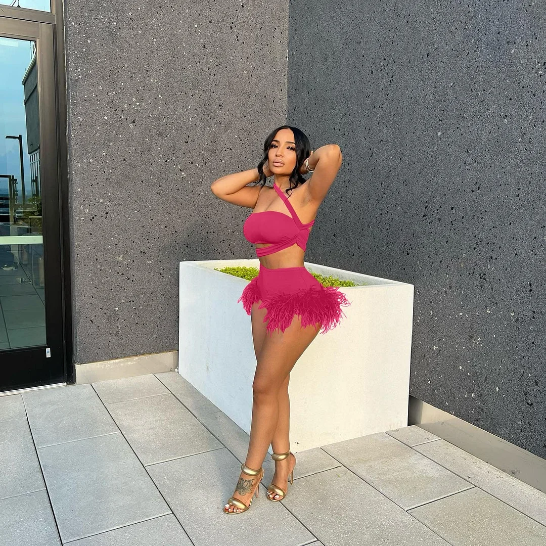 CM.YAYA Workout Women Two 2 Piece Set Outfits Sweatsuit 2022 Summer Mini Tank and Feather Shorts Sexy Matching Set Tracksuit