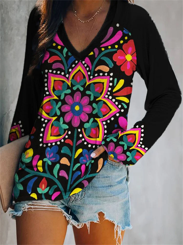 Wearshes Mexican Ethnic Flower V Neck Long Sleeve T Shirt