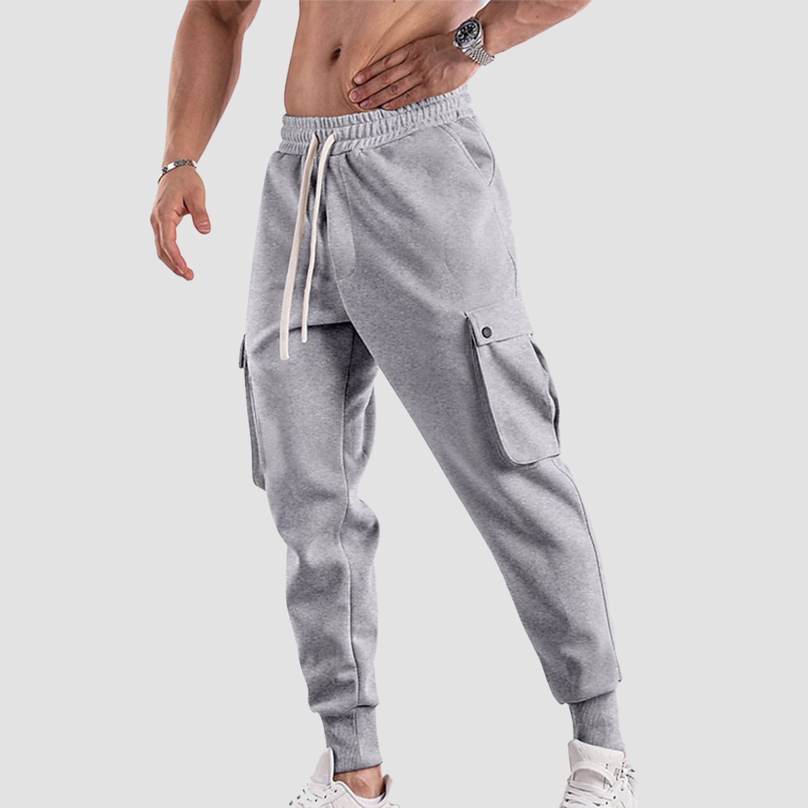 Edubridgesmart Soild Cargo Men'S Sweatpants Multi Pocket Daily Outdoor Running Training Sport Trous Male Elastic Rise Casual Pants Tether