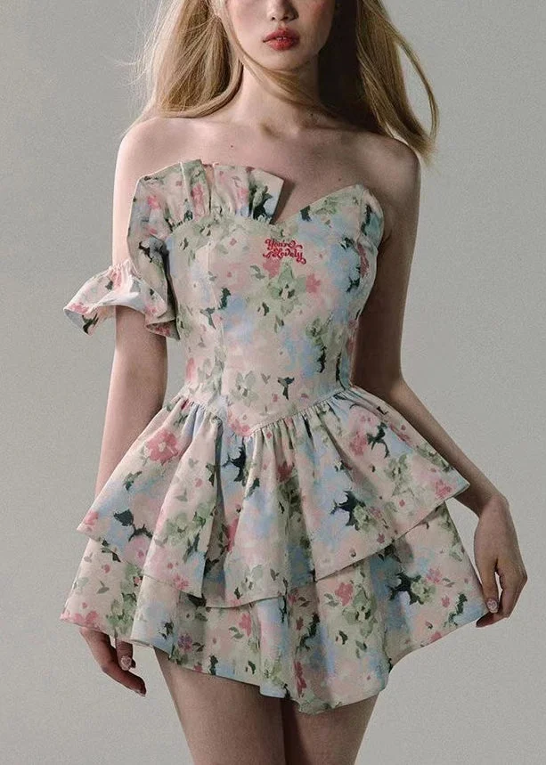 French Print Ruffled Ruffled Cotton Mid Dress Sleeveless