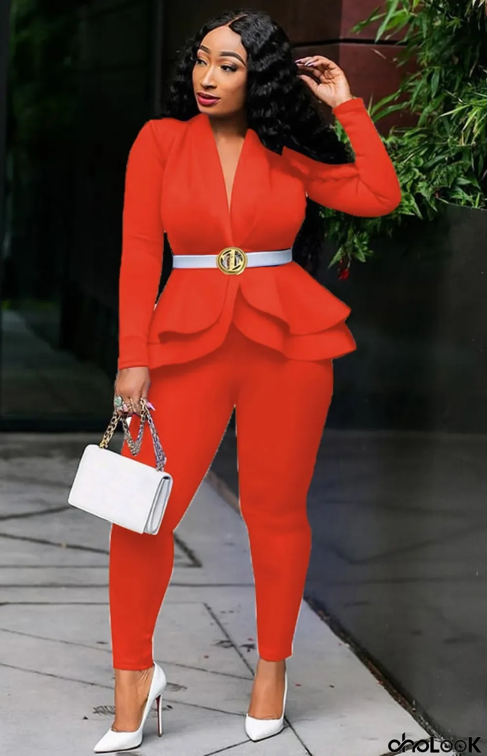 Spring Formal Orange Matching Long Sleeve Peplum Top and Pants Suit