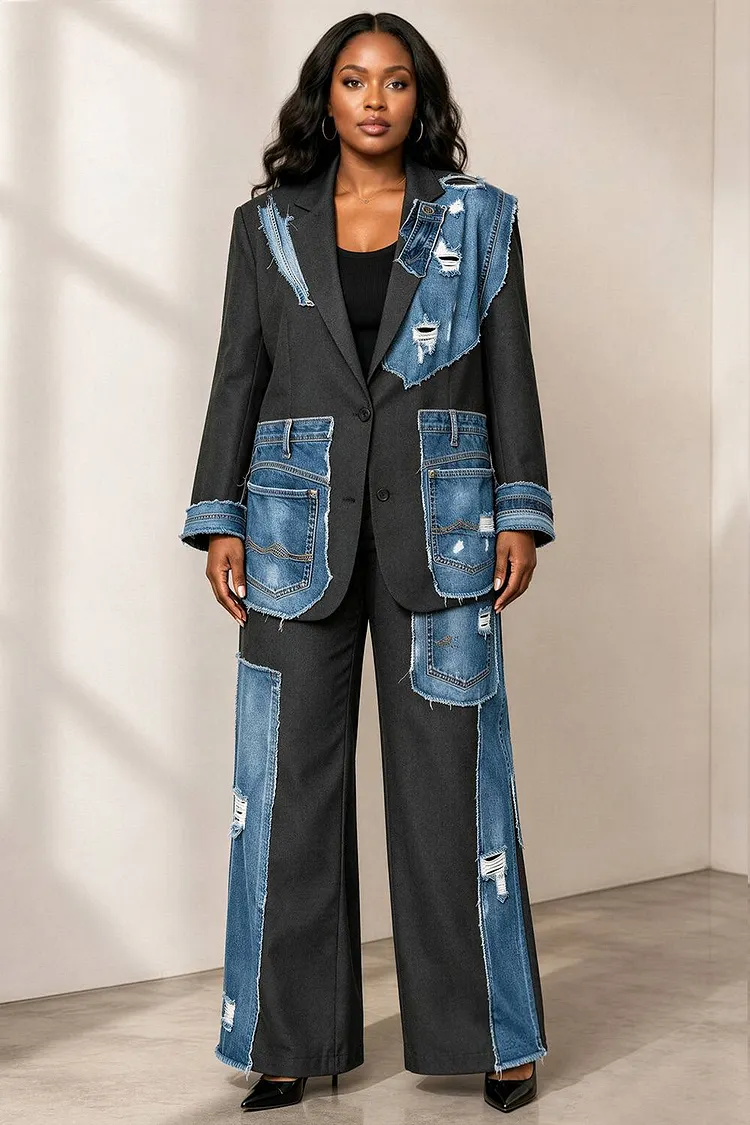 Xpluswear Design Plus Size Daily Grey Lapel Collar Long Sleeve Contrast Pocket Denim Two Piece Pant Suits [Pre-Order] 2024 - Xpluswear