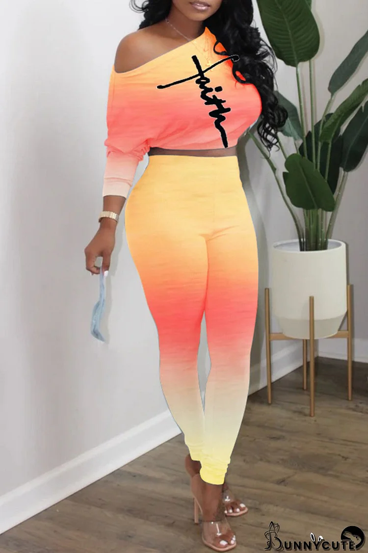 Orange Yellow Fashion Casual Gradual Change Print Basic Oblique Collar Long Sleeve Two Pieces