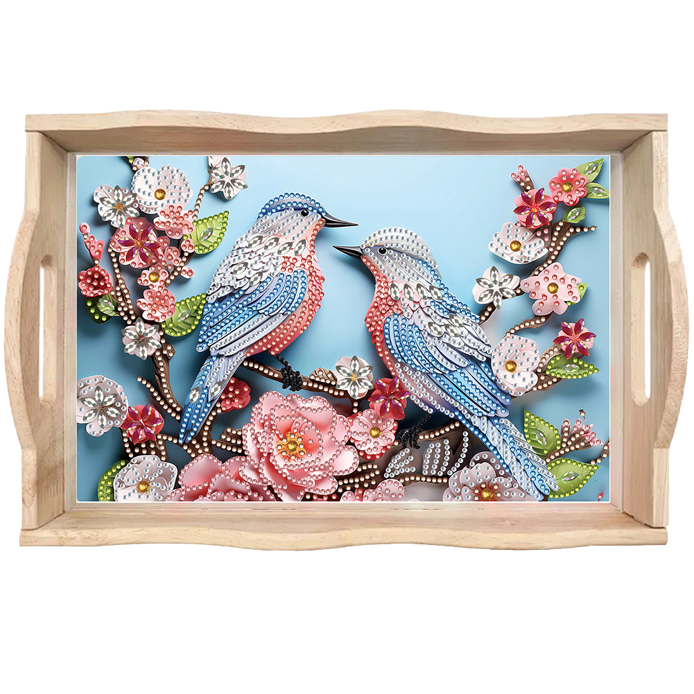 Wooden Flowers Birds 5D DIY Diamond Painting Serving Tray for Home Decor