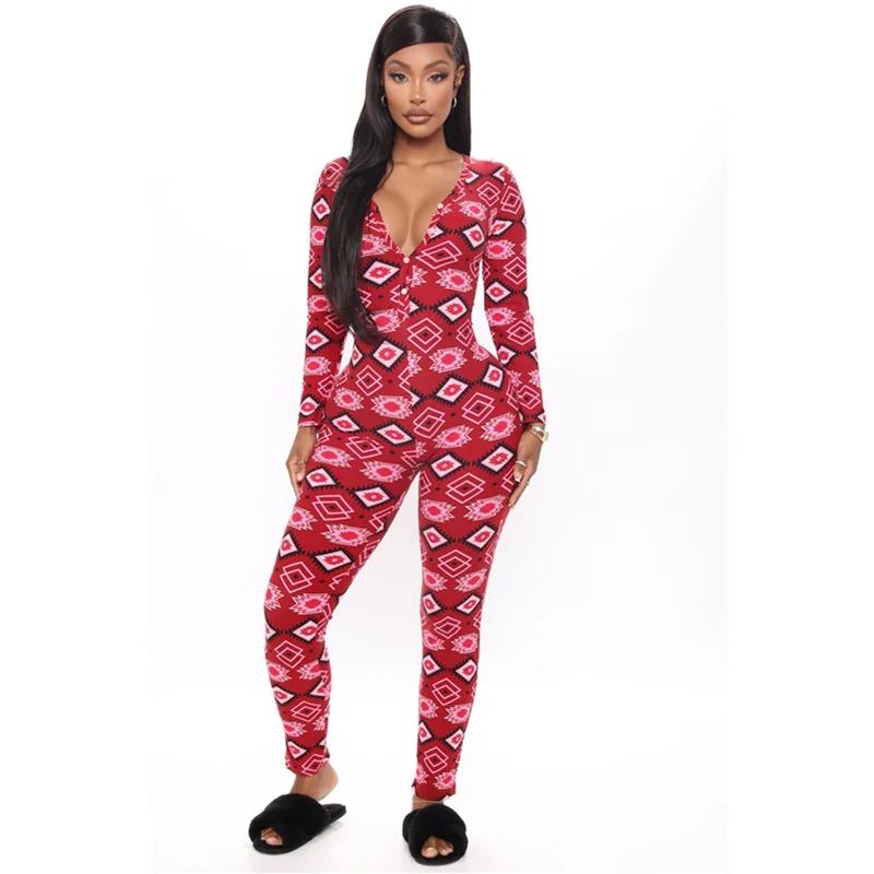 Huibahe Women's Romper Christmas Rompers Womens Jumpsuit Plaid Jumpsuit Elastic Casual Long Sleeve V-Neck Buttons Sleepwear Homewear