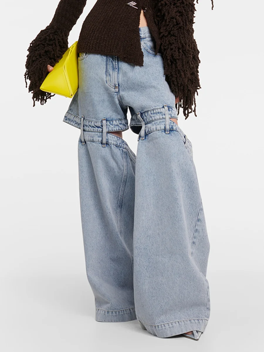 Woherb Woherb Fashion Street Style 2024 Summer Dig Cut Hollow Out Careful Machine Design Jeans Loose Wide Leg Pants Woman-Outfit Ideas