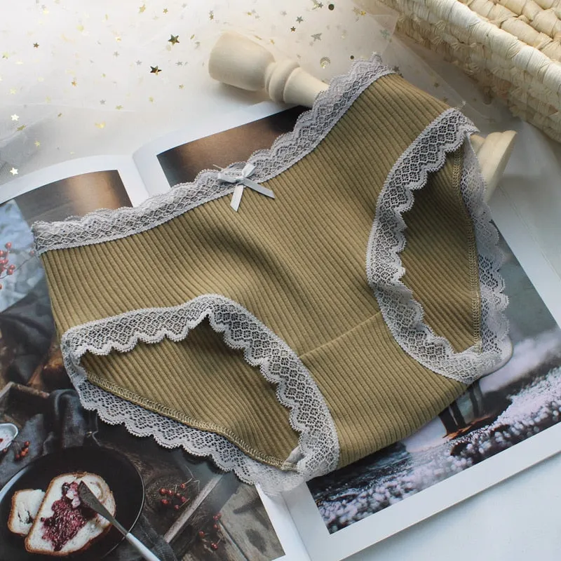European Style Cotton Underwear Panties Sexy Lace Panties Fashion Bow Briefs Mid Waist Seamless Underpants Female Sexy Lingerie