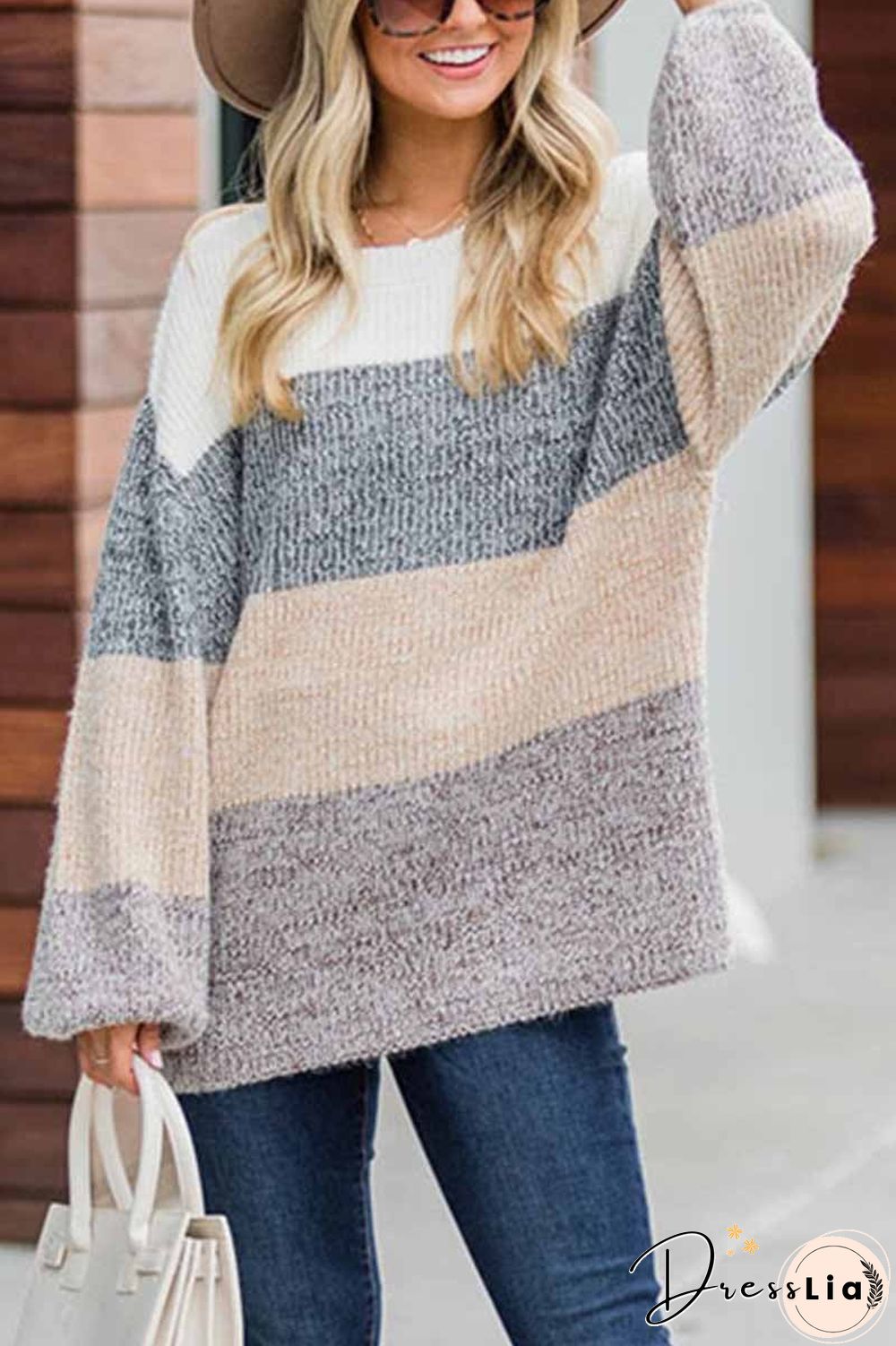 Contrast Striped Loose Round Neck Sweater