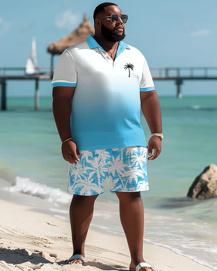Men's Plus Size Hawaiian Gradient Coconut Tree Print Polo Shorts Suit