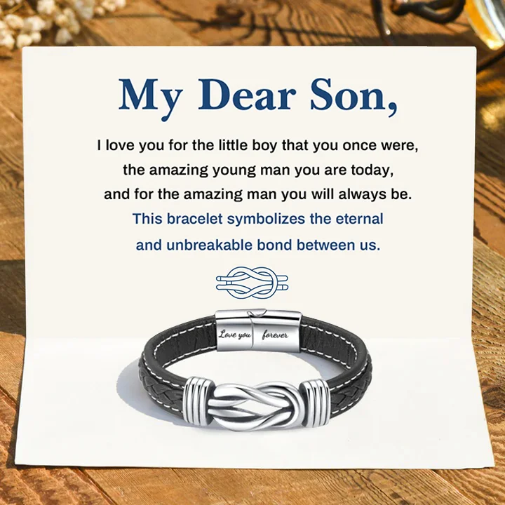 To My Dear Son Bracelet Leather Knot Bracelet Birthday Gift for Son "This Bracelet Symbolizes The Eternal And Unbreakable Bond Between Us"