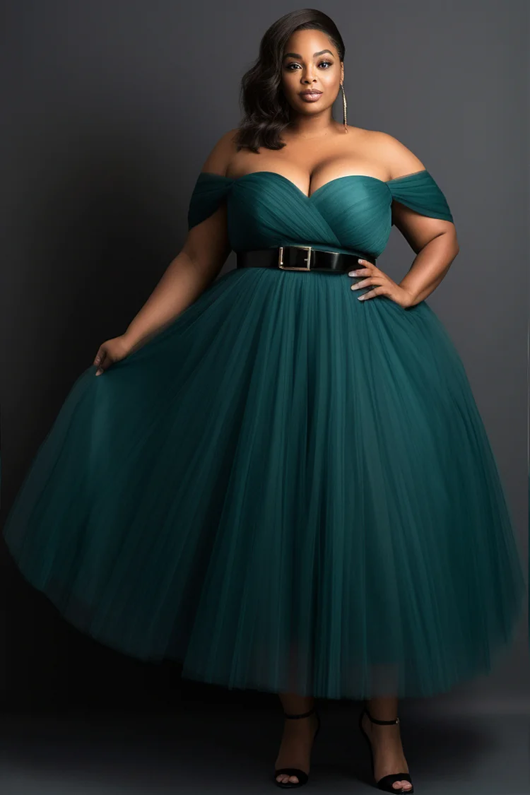 Xpluswear Design Plus Size Prom Elegant Emerald Green Off The Shoulder Fold Tulle Midi Dresses (Without Belt) 