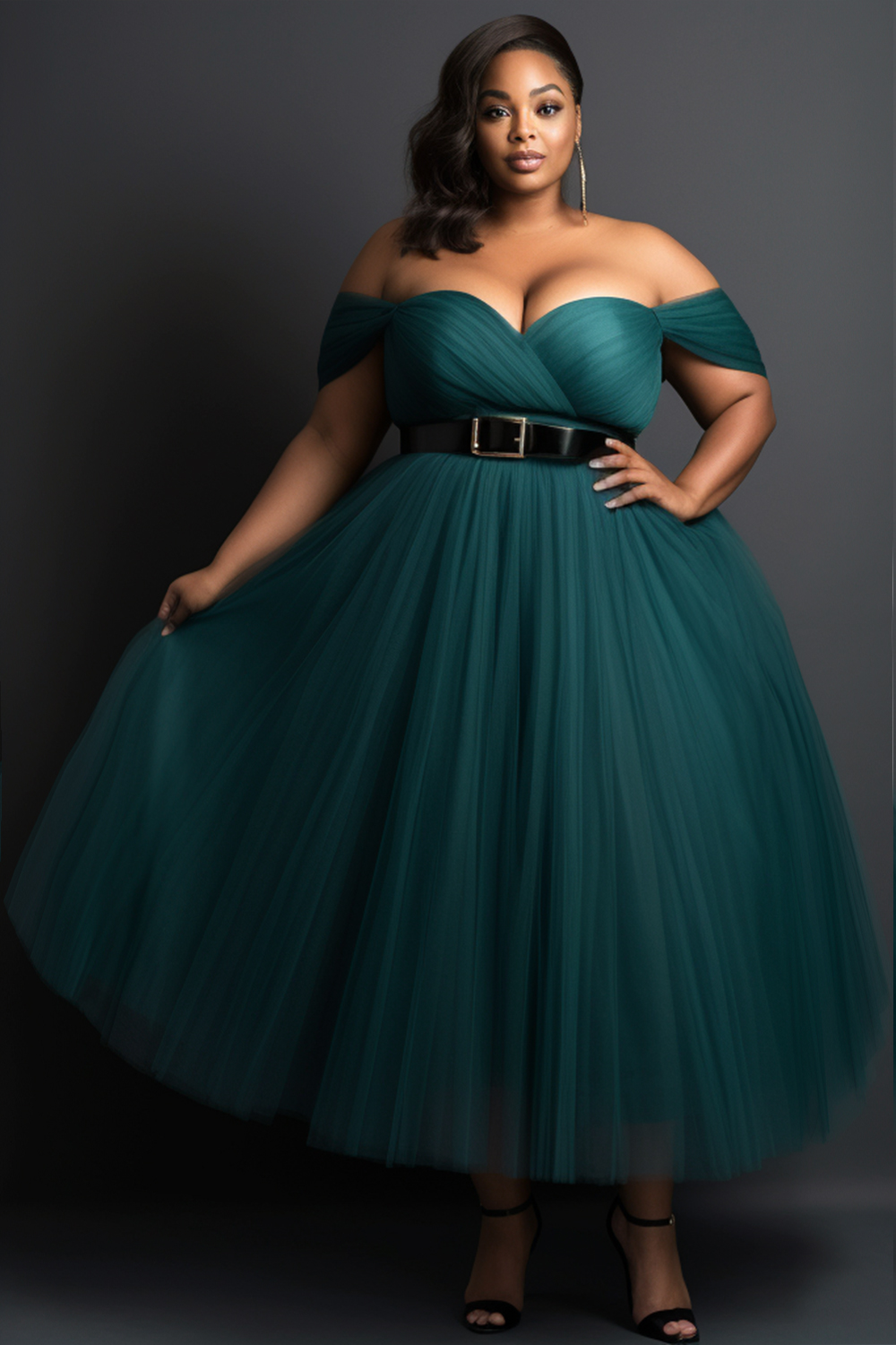 Design Plus Size Prom Elegant Emerald Green Off The Shoulder Fold Tulle Midi Dresses (Without Belt) [Pre-Order]