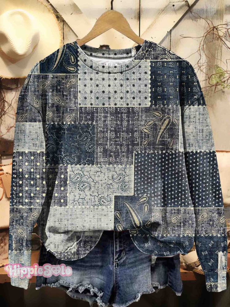 Retro Patchwork Print Casual Sweatshirt Multicolor / S