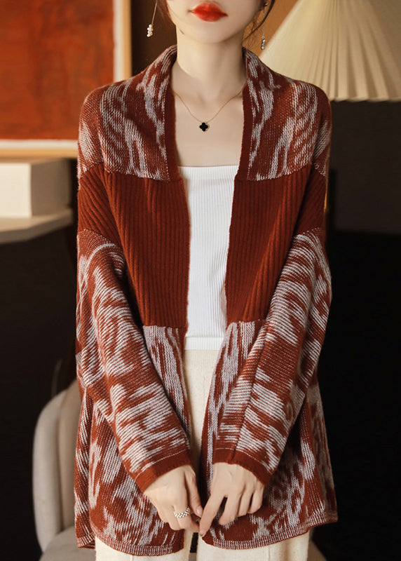 VCSHOES Red V Neck Patchwork Wool Knit Cardigans Long Sleeve