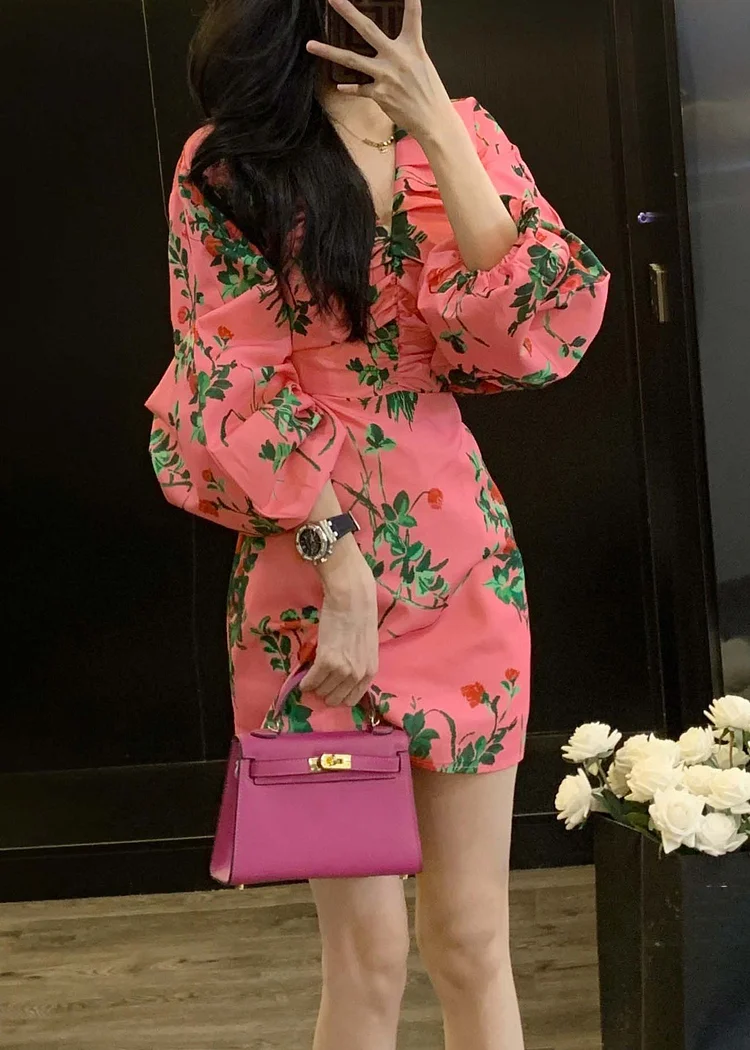 Novelty Pink V Neck Print Wrinkled Cotton Mid Dress Long Sleeve
