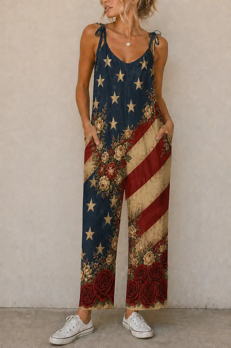 Women&rsquo;s Vintage Flag Floral Border Suspender Jumpsuit