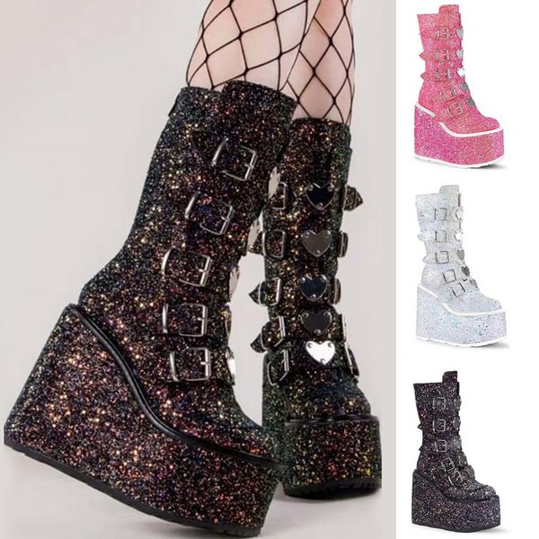 New Womens Bling Boot Chunky Platform High Boots High Heel Round-Toe Zip Cosplay Punk Goth Mid Calf Boots - Shop Trendy Women's Clothing | LoverChic