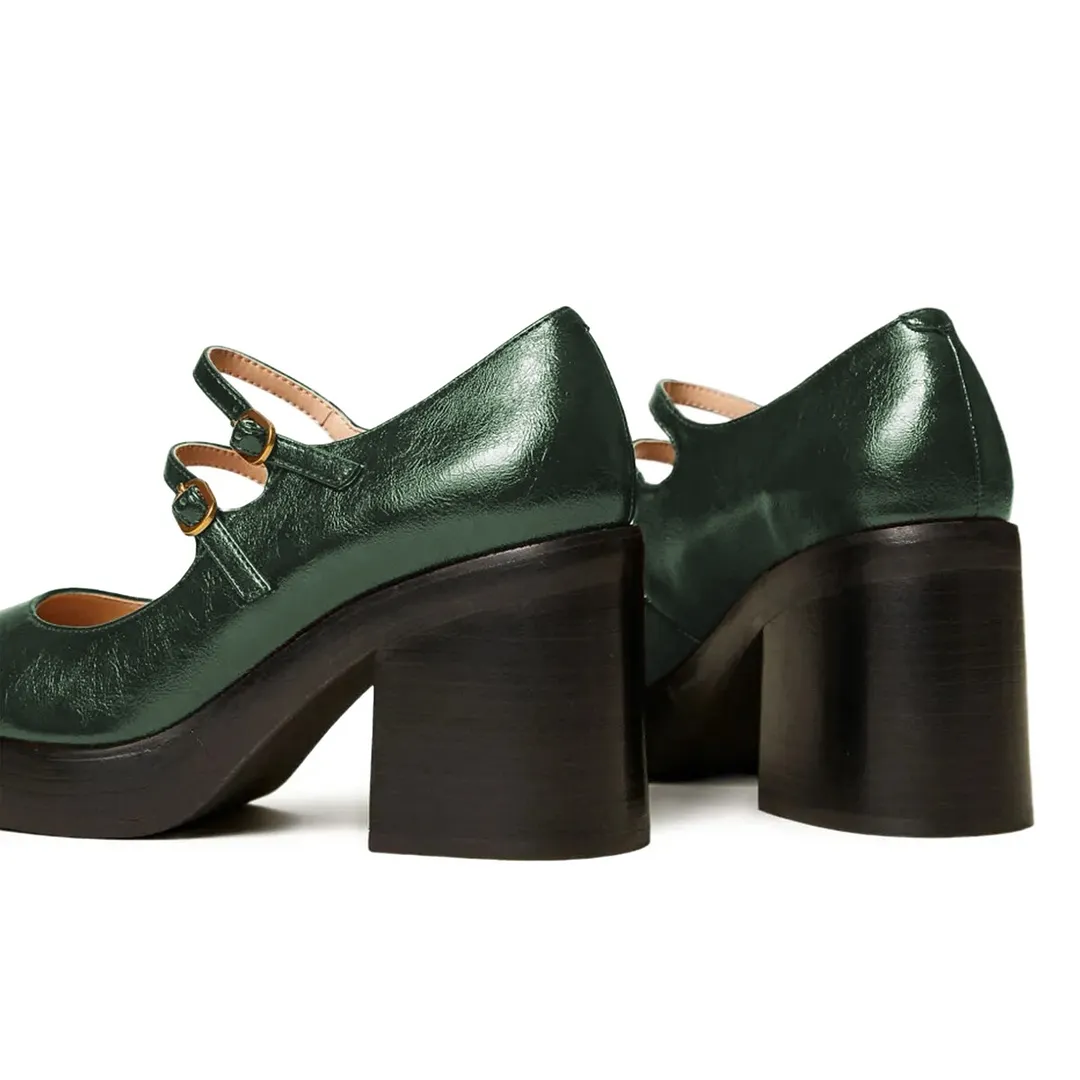Green Round Toe Platform Double Strap Mary Jane Heels with Buckle