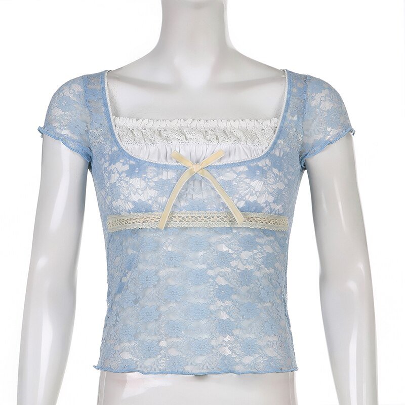 Sweetown Sweet Girl Pink Fairycore Lace Tops Women Aesthetic Kawaii Clothes Patchwork Square Collar Short Sleeve Summer Tshirts