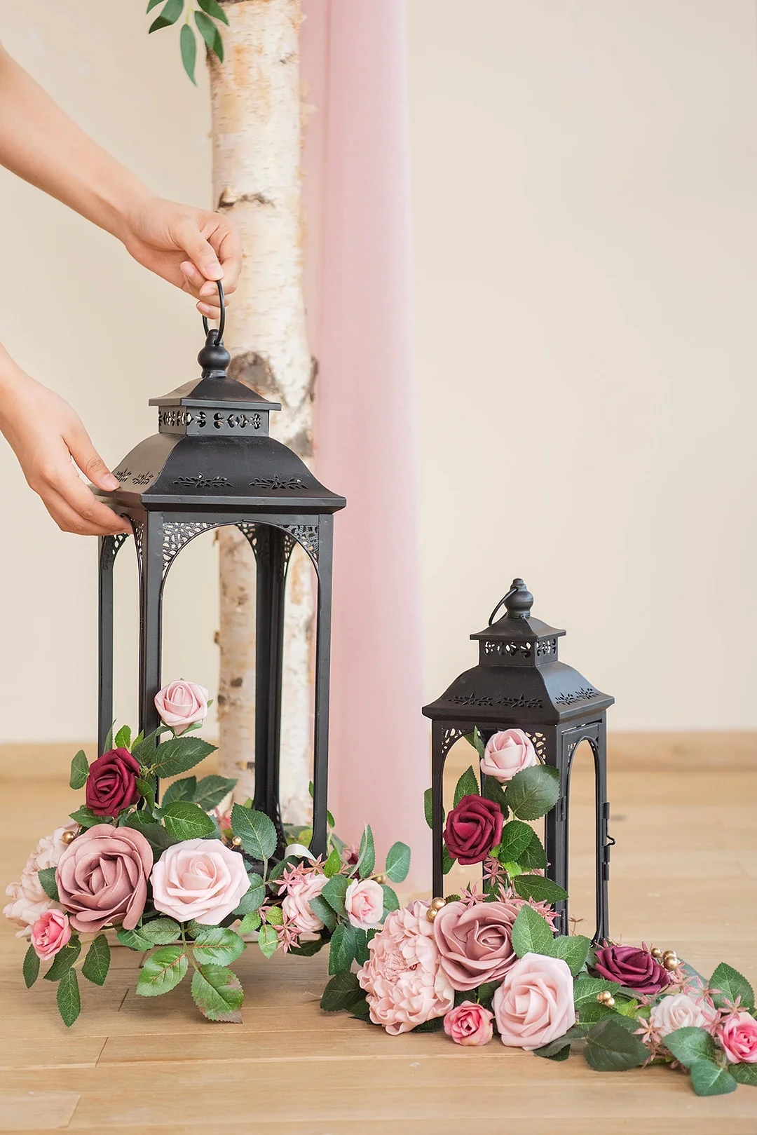 Lantern Floral Arrangements in Berry Blush