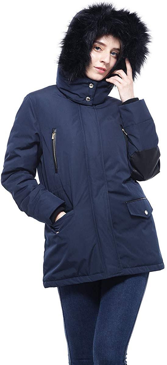 Women's Lined Hooded Thickened Insulated Winter Parka Jacket Anorak Puffer Coat with Removable Faux Fur Trim