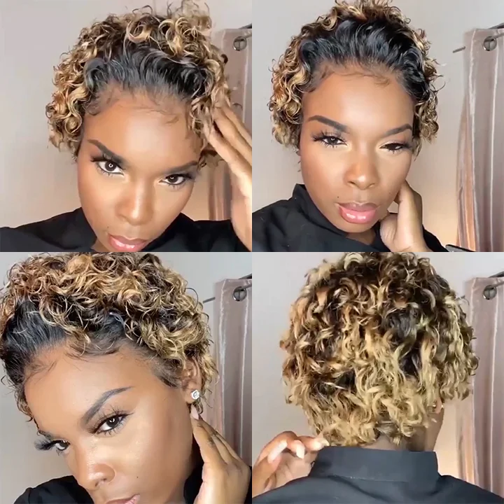 🔥Hot| Glueless Short Kinky Curly Human Hair Lace Front Natural Color Wigs ELCNEPAL