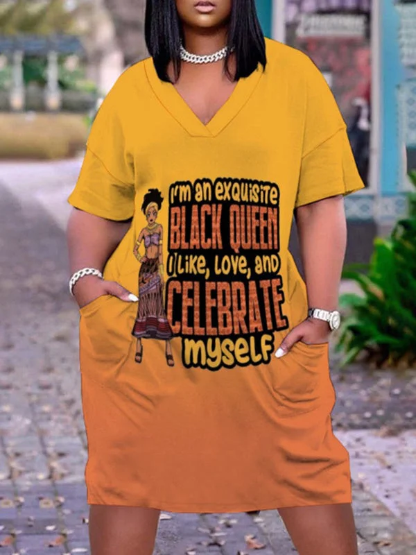 Digital Print V-Neck Casual Pocket Dress