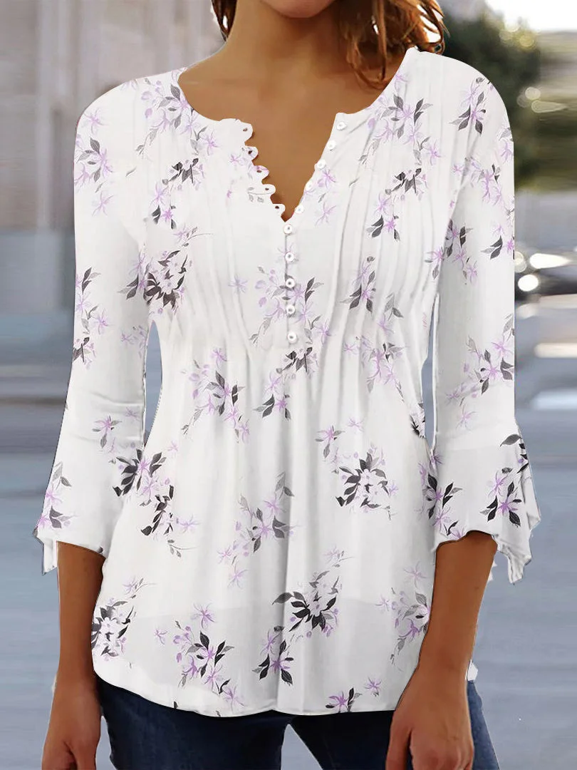 Women 3/4 Sleeve V-neck Graphic Floral Printed Tops