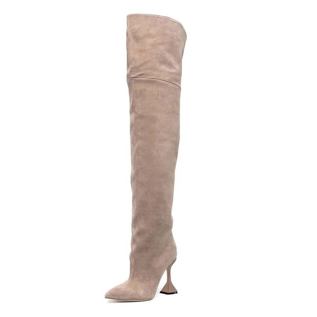Women's Nude Vegan Suede Pointed Toe Over The Knee High Heel Boots