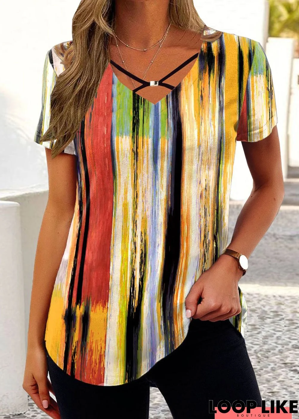 V Neck Loose Striped Casual Tunic T-Shirt