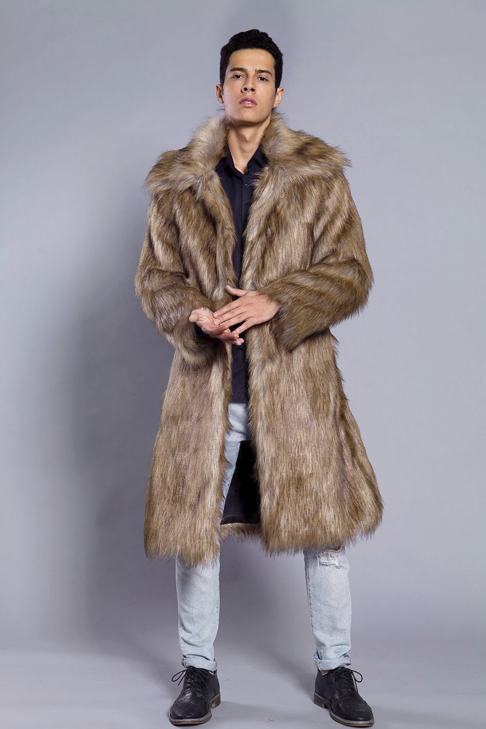 Brown Men's Square Collar Fur Long Coat