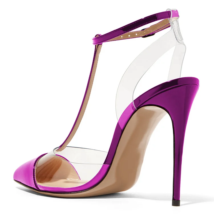 Purple Mirror Leather T Strap Clear Sandals Vdcoo