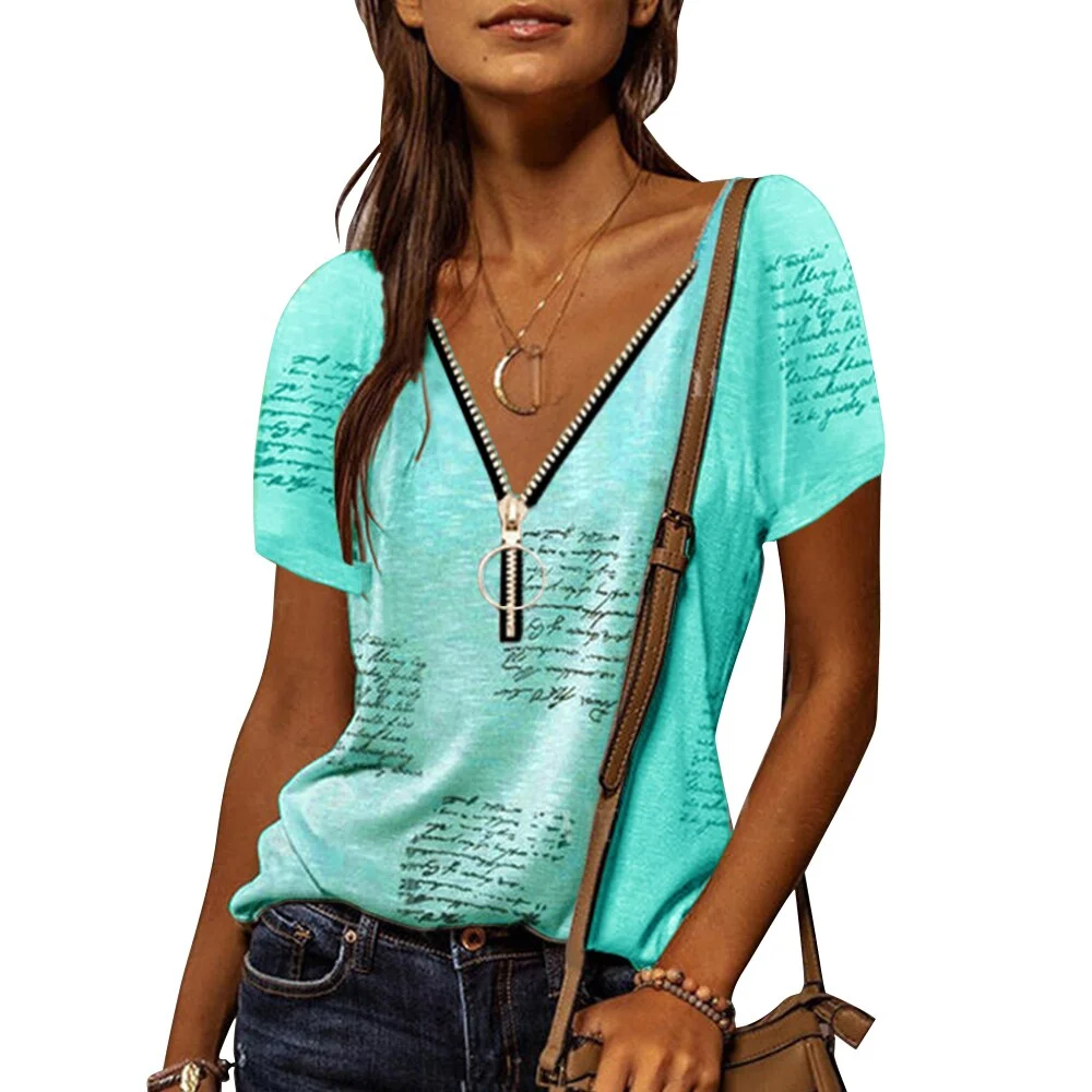 Women Loose T-Shirt  Zipper V-Neck Collar Fashion Letter Print Short Sleeve Casual Tops Harajuku Street Ladies T Shirt D30