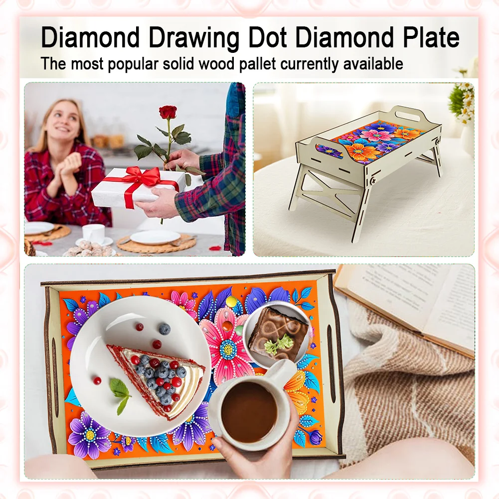 DIY Diamond Painted Dining Plate with Handle Wooden Food Tray Home Decor Gift