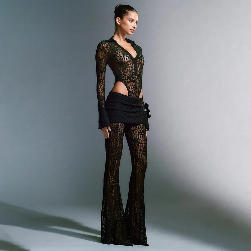 Woherb Woherb Sexy Lace Stitching Deep V Long Sleeve Top Slim See-Through High Waist Bell Bottoms Women's Suit-Outfit Ideas