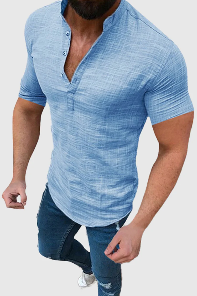 Broswear Henley Collar Cotton Linen Short Sleeve Shirt