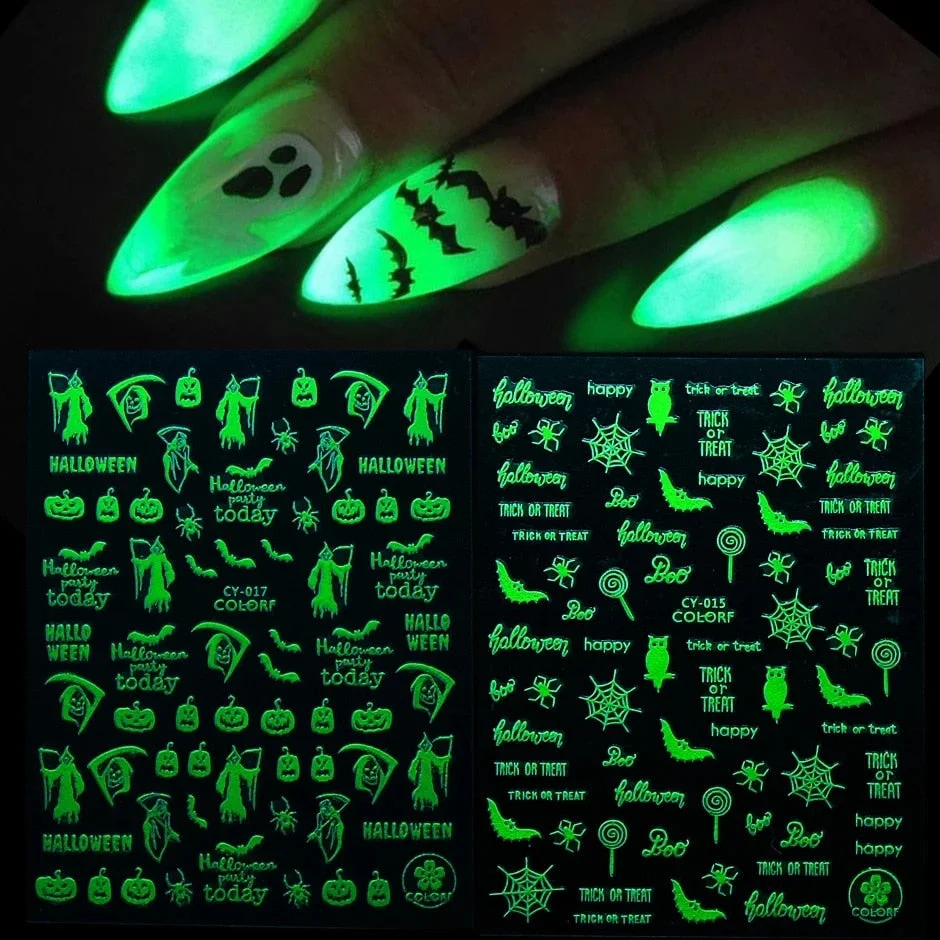 Nail Stickers Back Glue Fluorescent Light Halloween Pumpkin Little Ghost Designs Nail Decal Decoration Tips For Beauty Salons-Nail Inspo