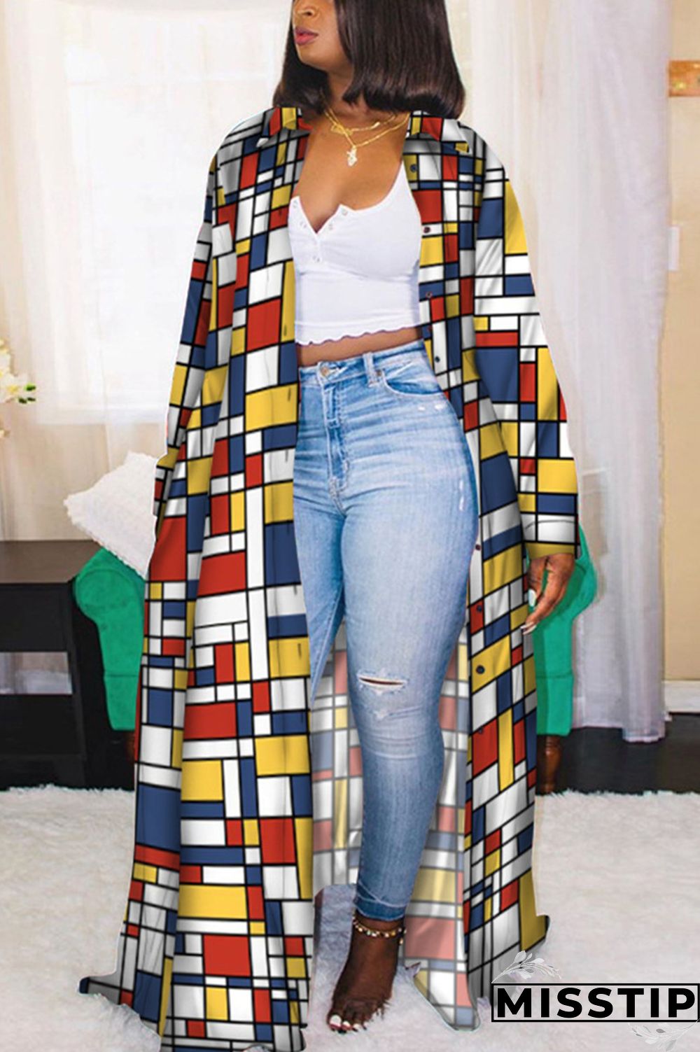 Yellow Red Fashion Casual Turndown Collar Long Sleeve Regular Sleeve Plaid Print Coats