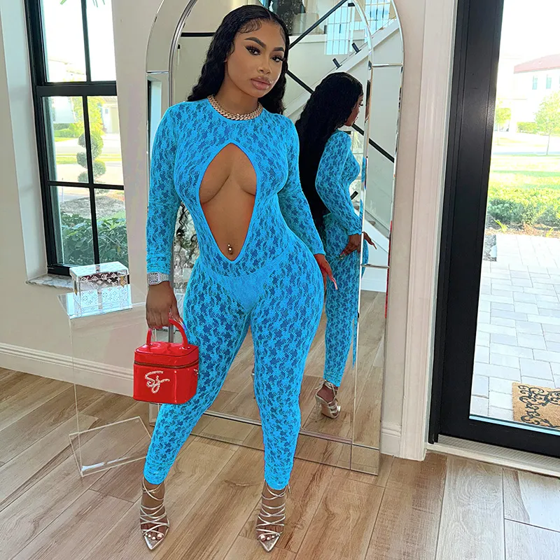 Brownm Brownm Has D24JP319 Fashion New Umbilion Hollow Sexy Hot Lace Perspective Jumpsuit