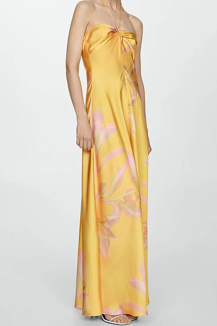 Semi Formal Yellow Satin Plant Print Halter Collar Maxi Dress