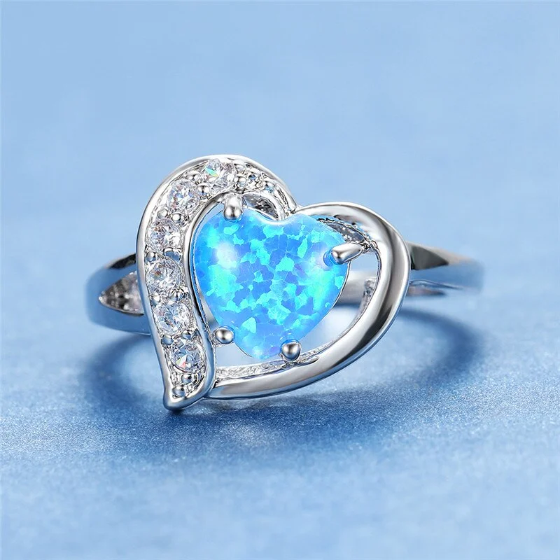 Boho Female Blue Fire Opal Stone Ring Silver Color Heart Engagement Ring Vintage Wedding Rings For Women